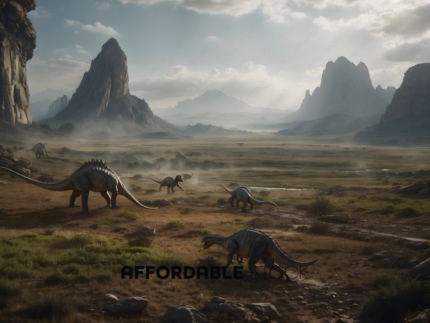 Dinosaurs in a field with mountains in the background