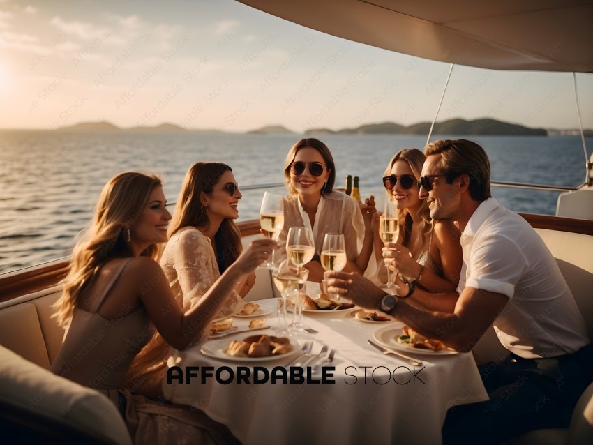 A group of people enjoying a meal on a boat