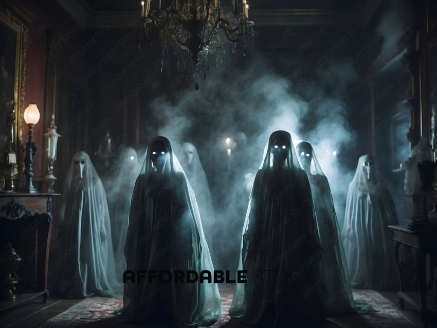 Three ghostly women with glowing eyes