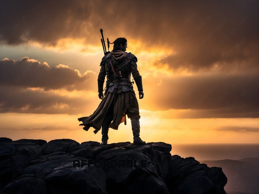 A man in a medieval outfit stands on a rocky cliff overlooking a sunset