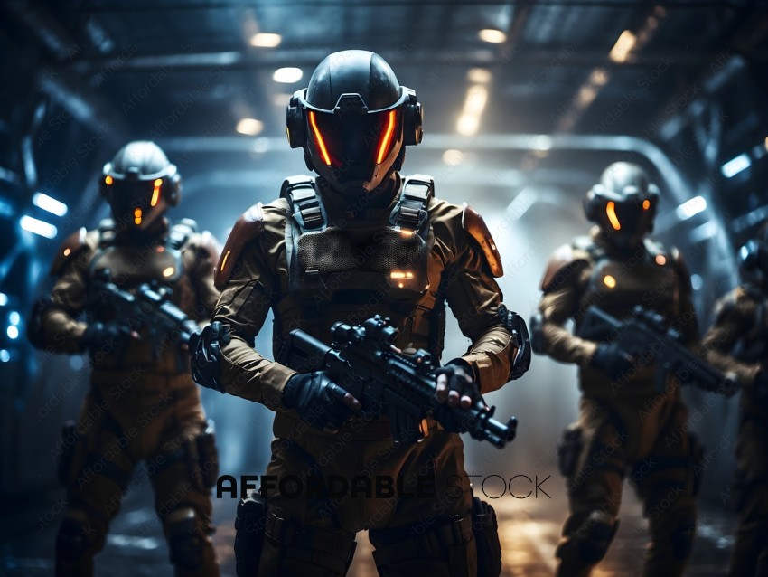 Soldiers in futuristic armor with guns