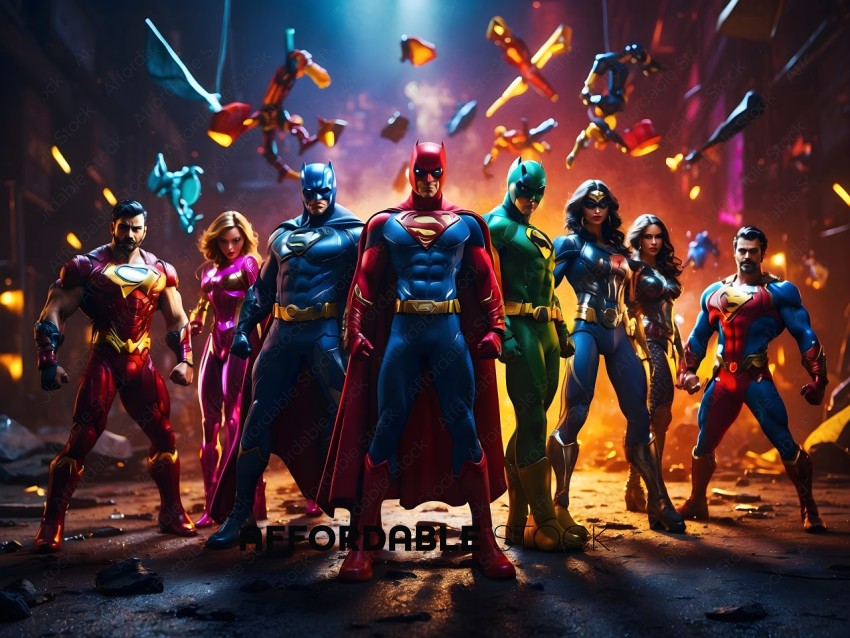 Superheroes in costumes standing together