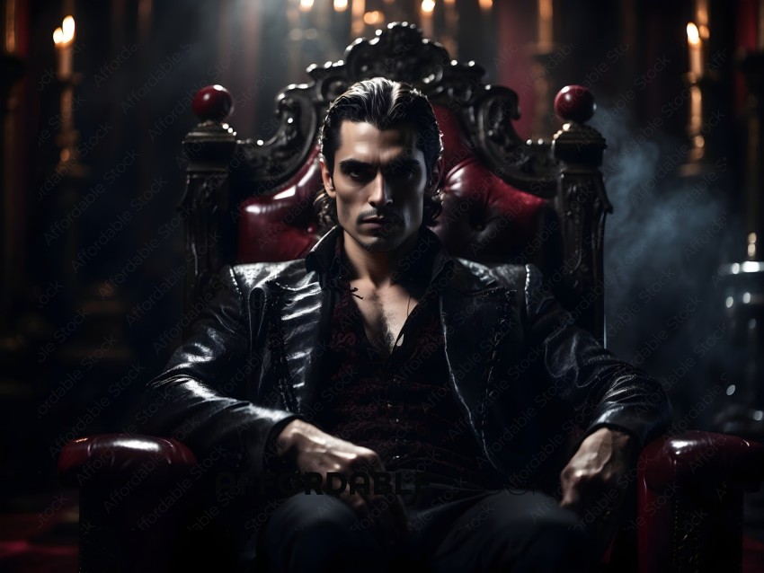 A man in a black leather jacket sitting in a red chair