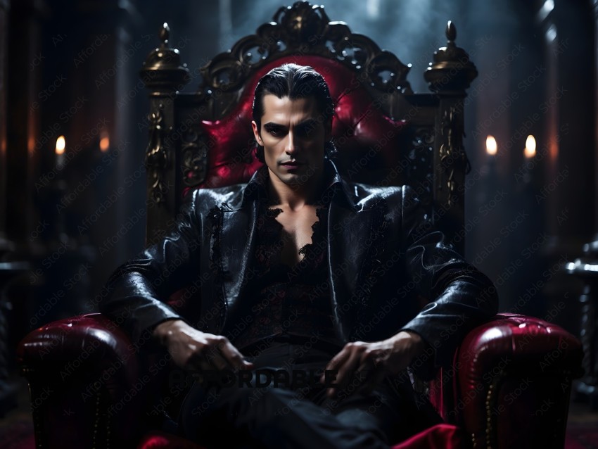 Man in black leather jacket sitting on a red velvet throne