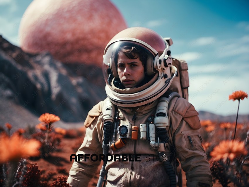Astronaut in a spacesuit standing in front of a large rock formation
