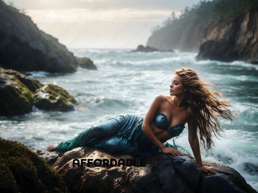 A woman in a blue dress lays on a rock in the ocean
