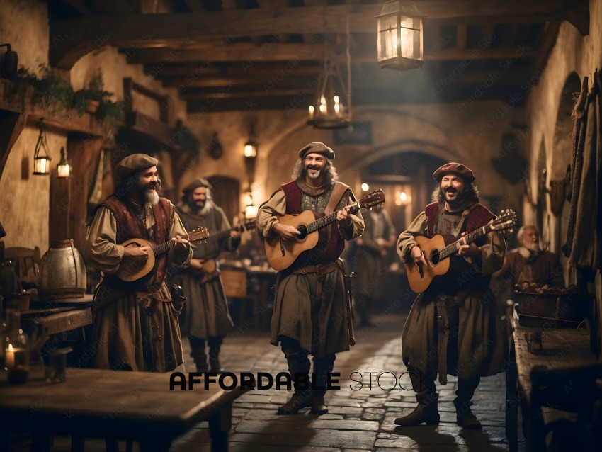 Men playing instruments in a tavern