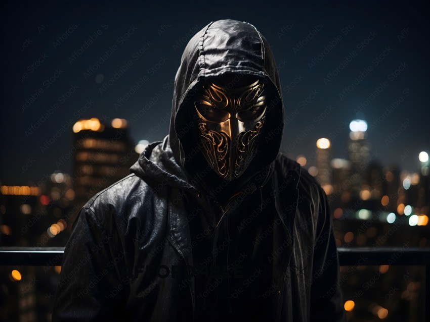 Man in a black hooded outfit with a mask on