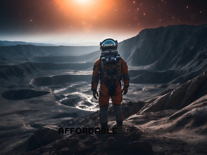 Astronaut in a spacesuit standing on a rocky surface