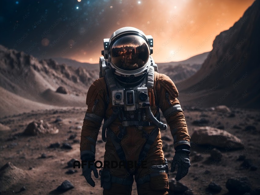 Astronaut in a spacesuit standing on a rocky planet
