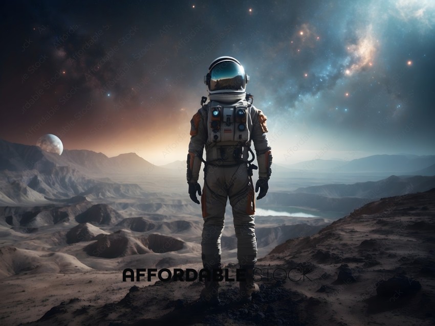 Astronaut in Space Suit Stands on Planetary Surface