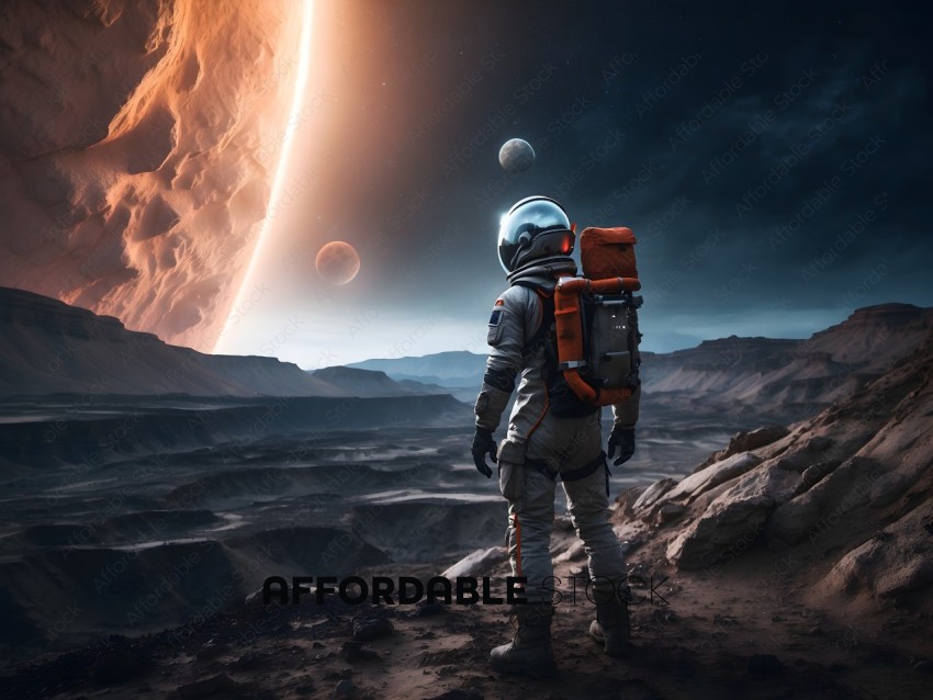 Astronaut in Space Suit Stands on Rocky Planet with Planets in Background