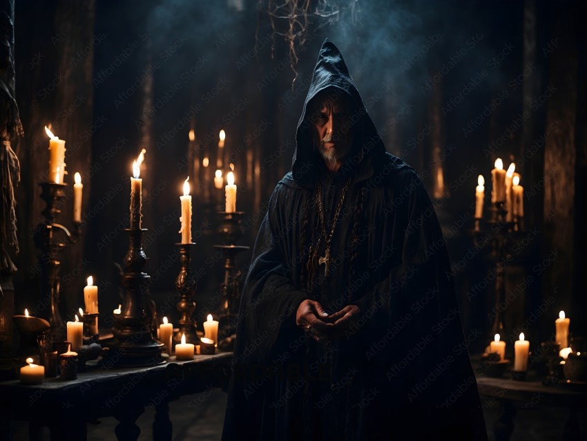 A wizard in a dark robe stands in front of a candlelit altar