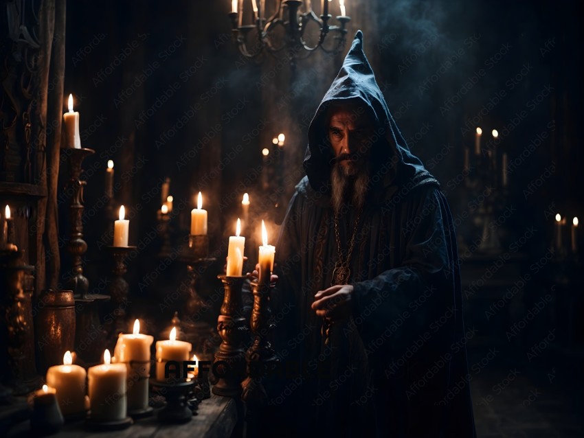 A wizard in a dark room with candles
