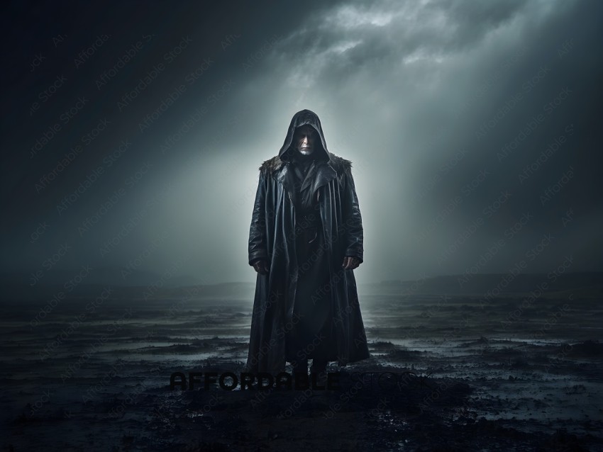 A man in a cloak stands in the mud