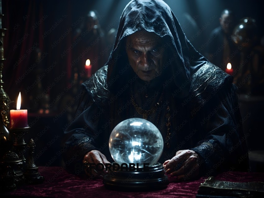 A man in a black robe stares at a crystal ball