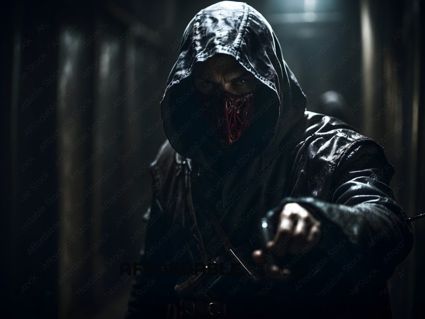A man in a black hooded robe with a red mask on his face
