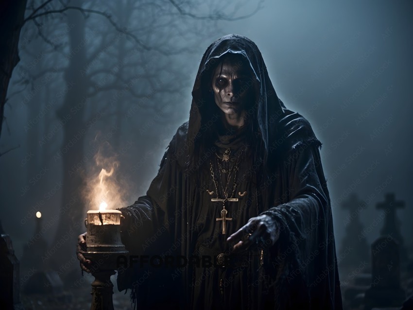 A man dressed in black with a candle in his hand