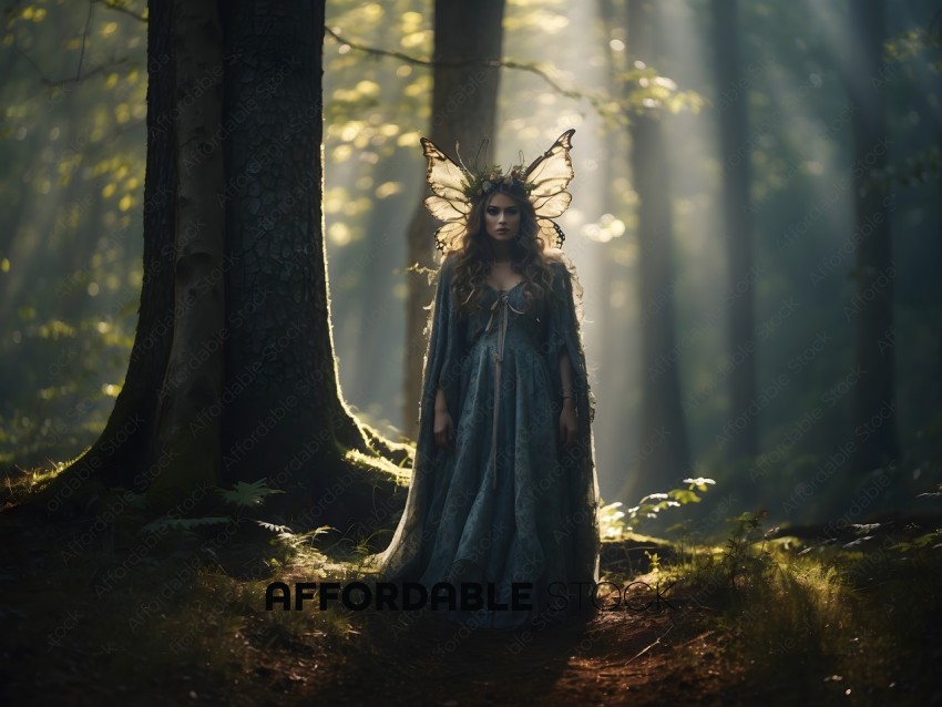 A woman in a fairy costume stands in the woods