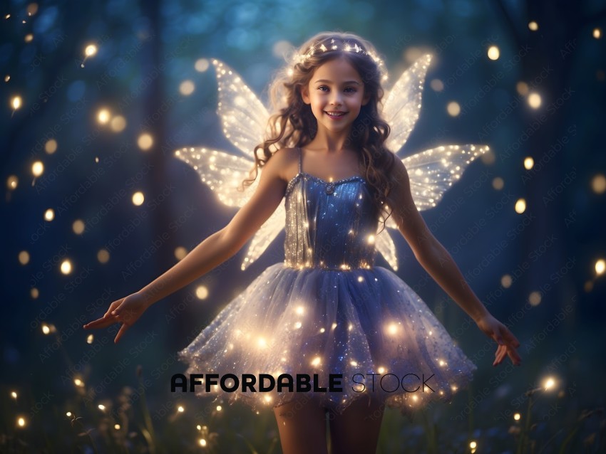 A young girl wearing a fairy costume with lights on it