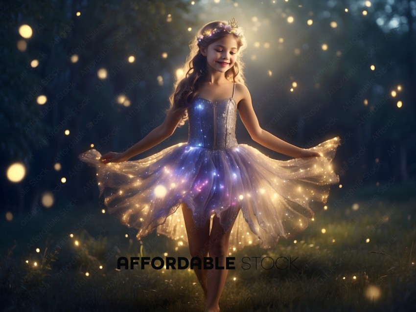 A young girl in a dress with lights on it