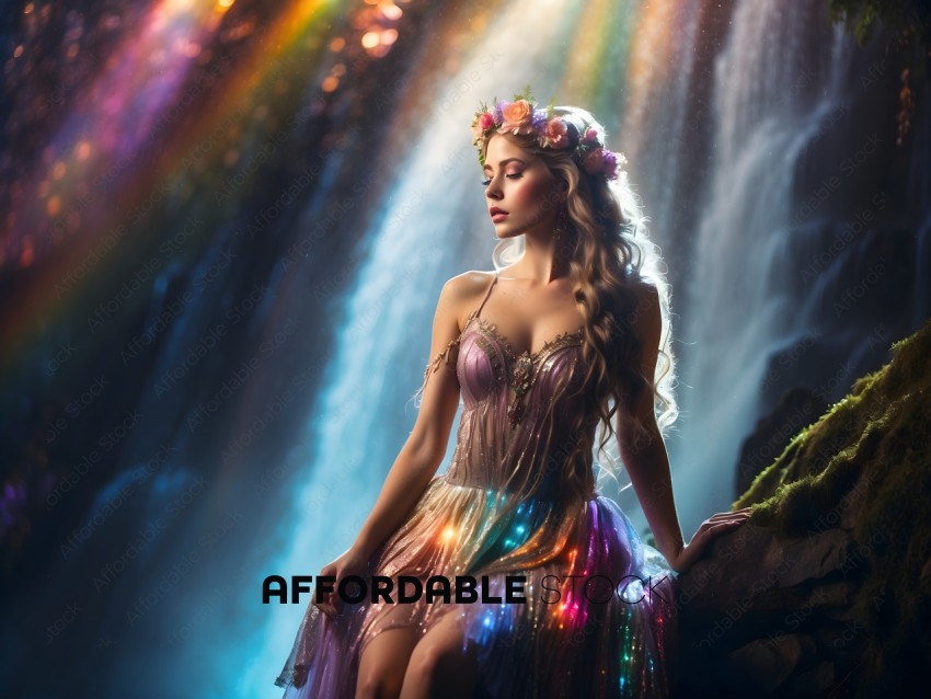A woman wearing a colorful dress sits in front of a waterfall