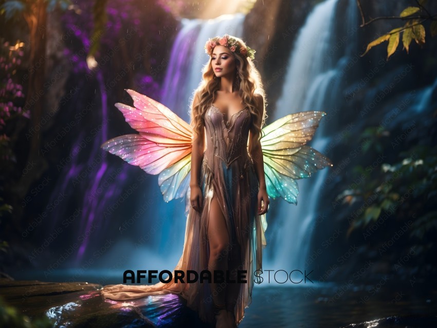 A woman in a fairy costume standing in front of a waterfall