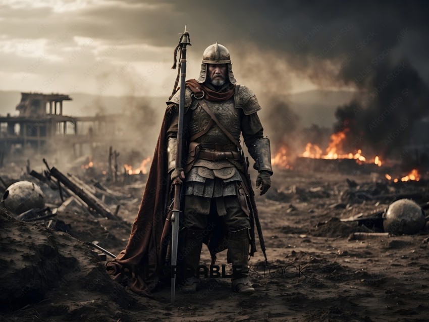 A knight in chain mail and a cape stands in a destroyed landscape