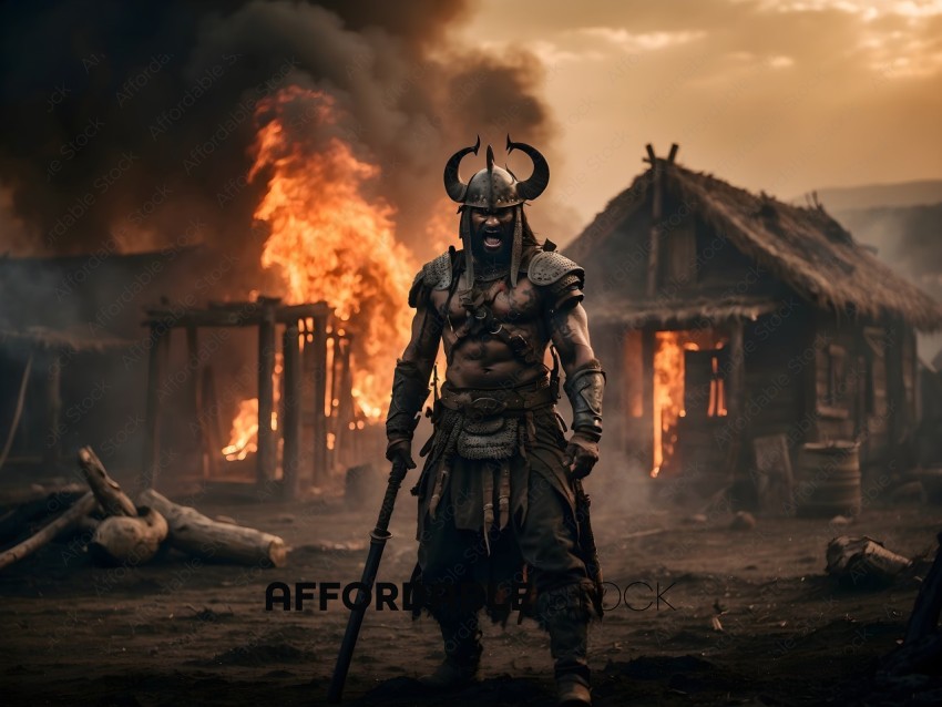 Warrior in Viking Costume Standing in Front of Burning Building