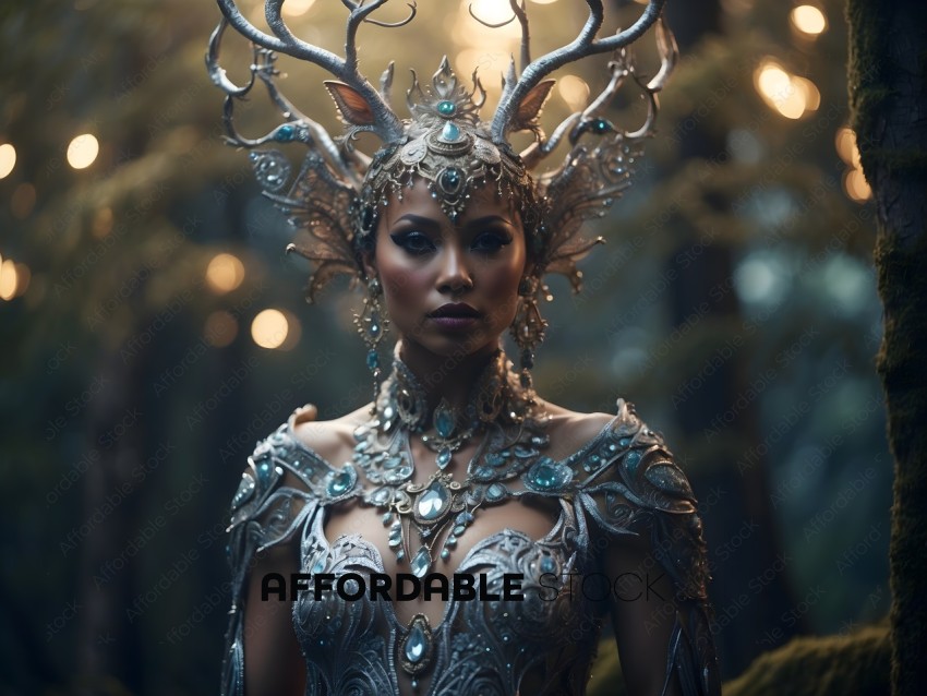 A woman wearing a silver and blue costume with a deer headpiece