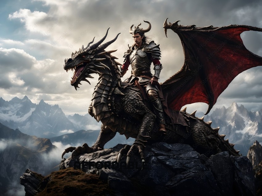 A man in a suit of armor rides a dragon