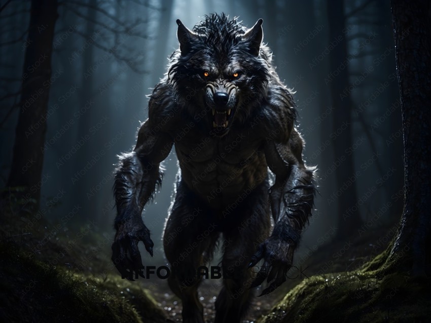 A werewolf in the woods with a red eye