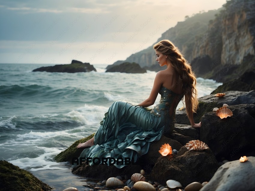 A woman in a green dress sits on a rock by the ocean