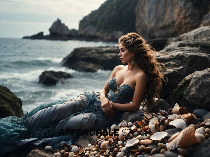 A woman in a blue dress sits on a rocky shore