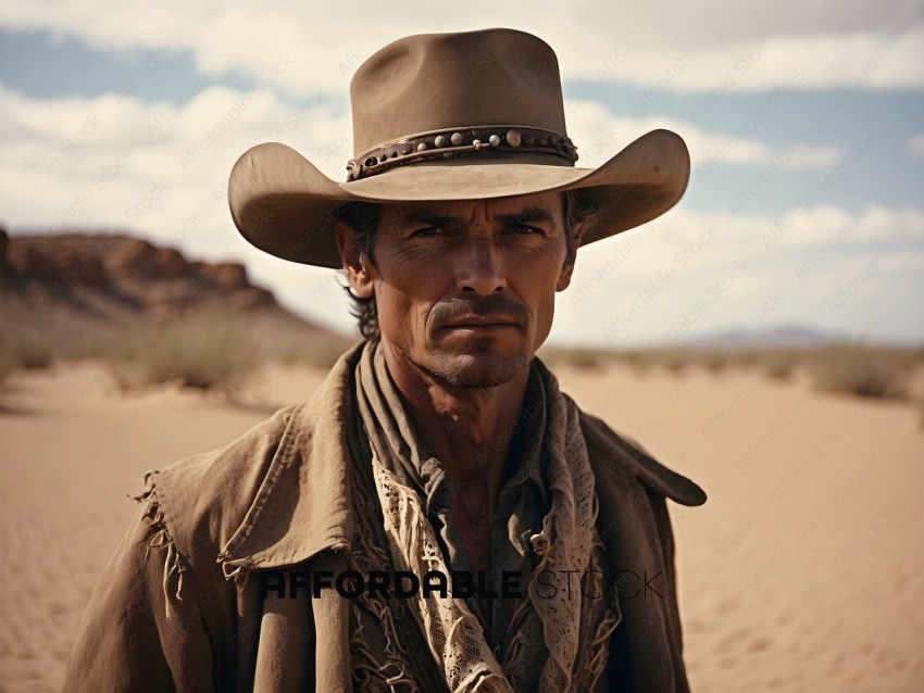 A man in a cowboy hat standing in the desert
