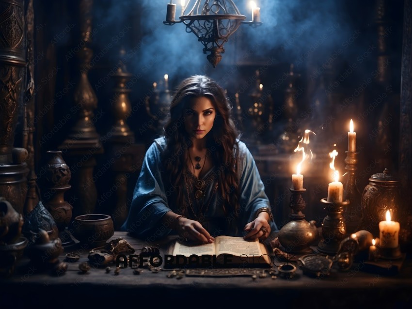 A woman in a blue dress is sitting at a table with candles and an open book