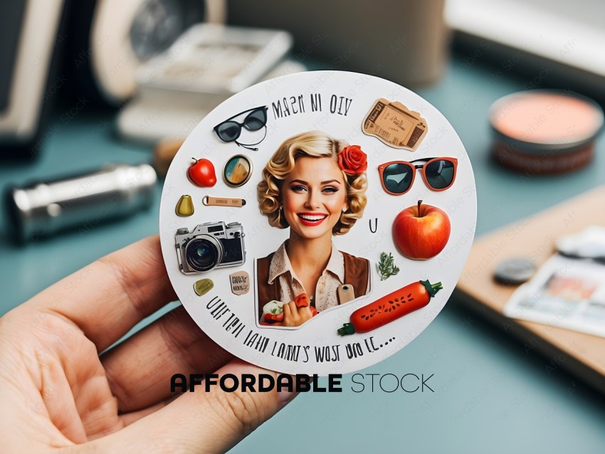 A round sticker with a woman and various foods