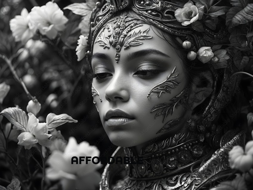 A woman with intricate face paint and flowers in her hair