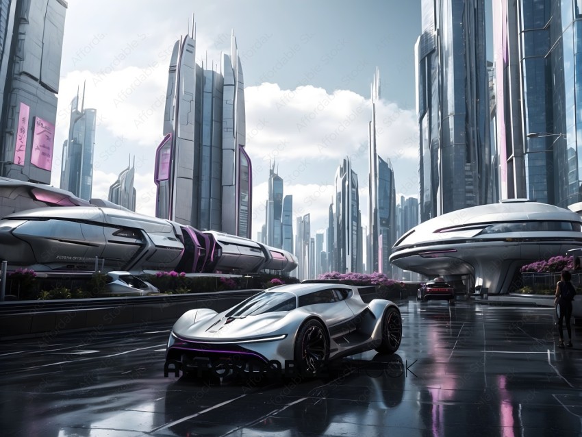 Futuristic City with Silver Car and Tall Buildings