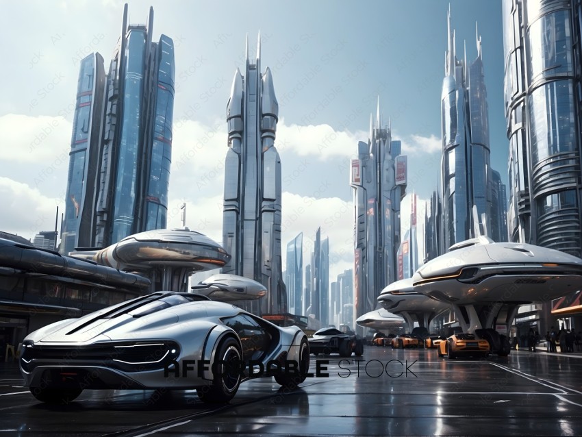 Futuristic City with Silver Cars and Skyscrapers