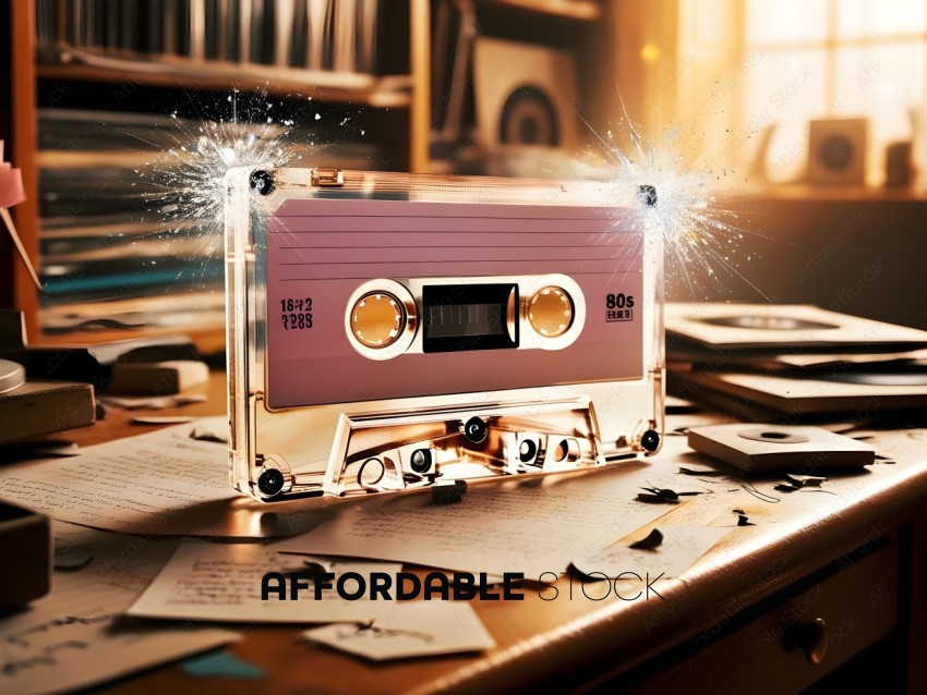 A gold cassette tape with a 1980s theme