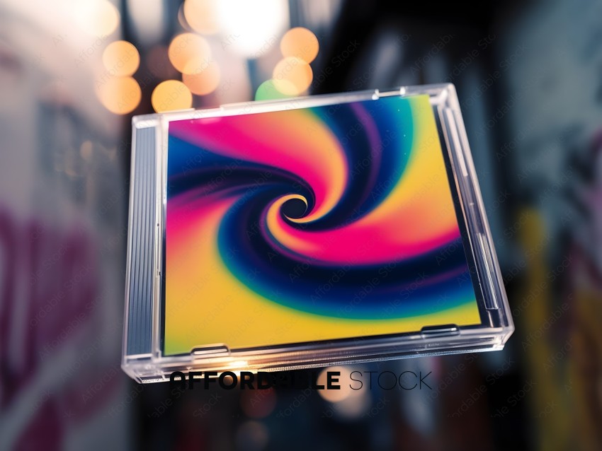 A colorful spiral design on a plastic case