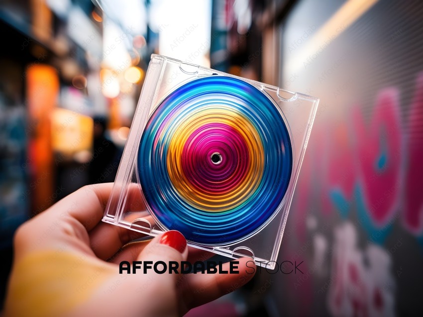 A person holding a CD with a rainbow colored spiral design