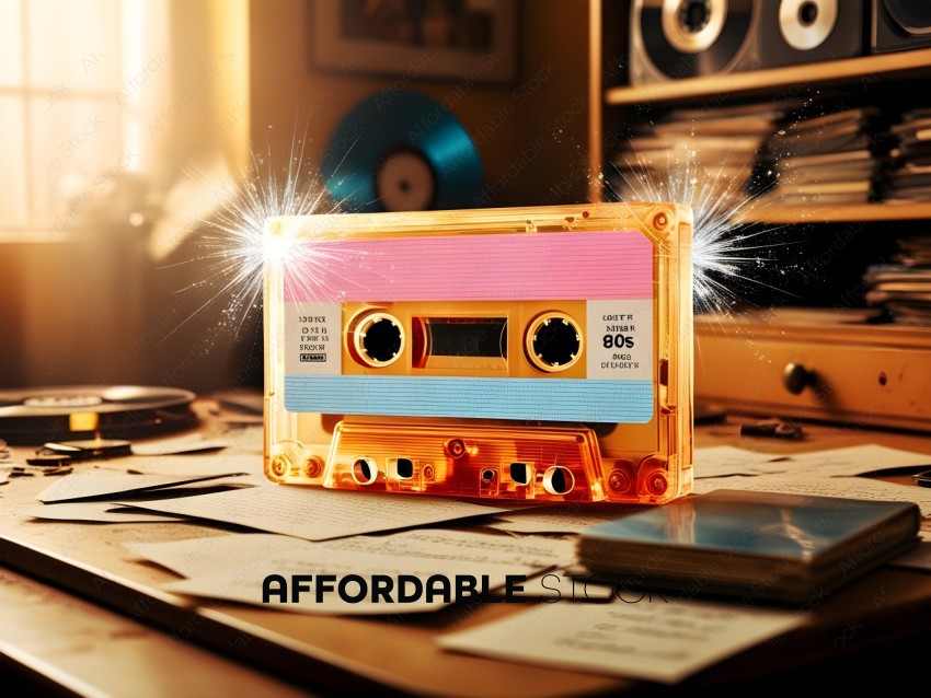 A golden cassette tape with a pink and blue cover