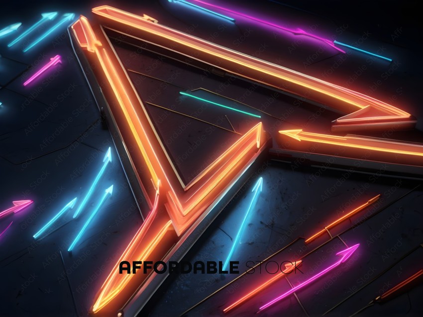 A neon sign with a triangle and arrows