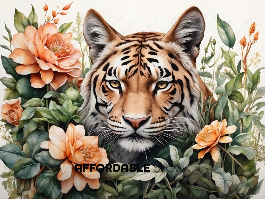 A tiger's face with flowers in the background