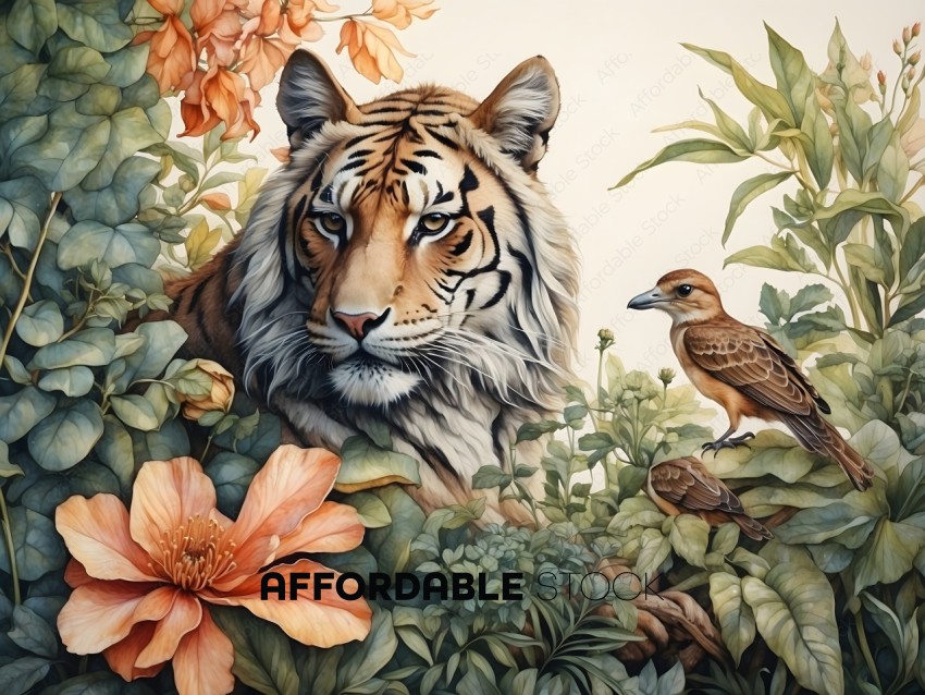 A tiger and a bird in a painting