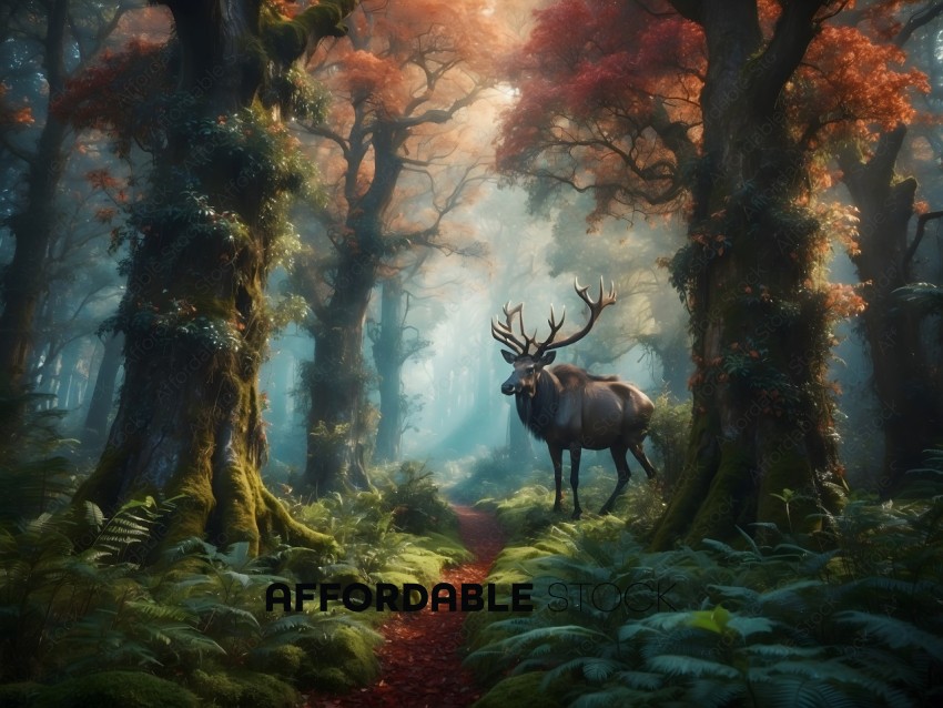 A deer in a forest with a red path
