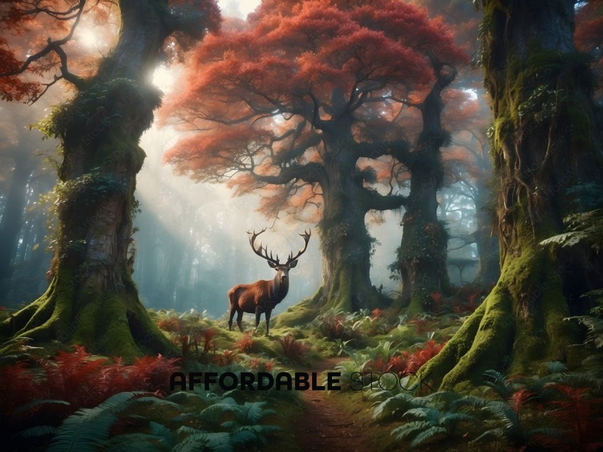 A deer in a forest with trees and moss
