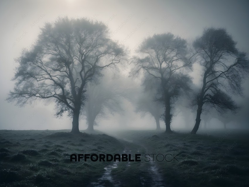 A pathway through a foggy field with trees